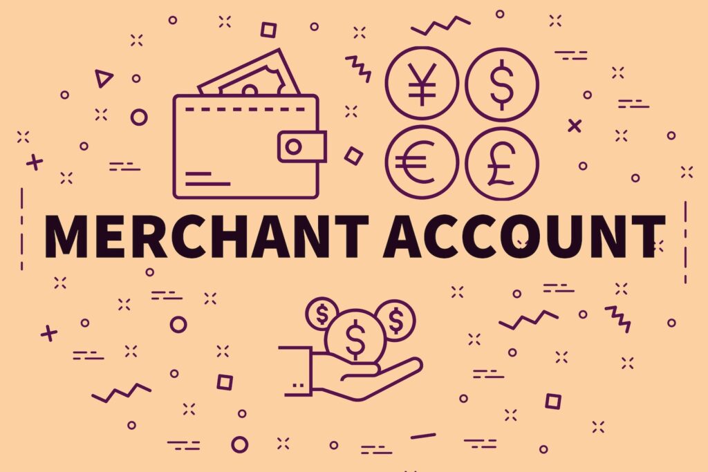 Image of a various money illustrations with the words merchant account.