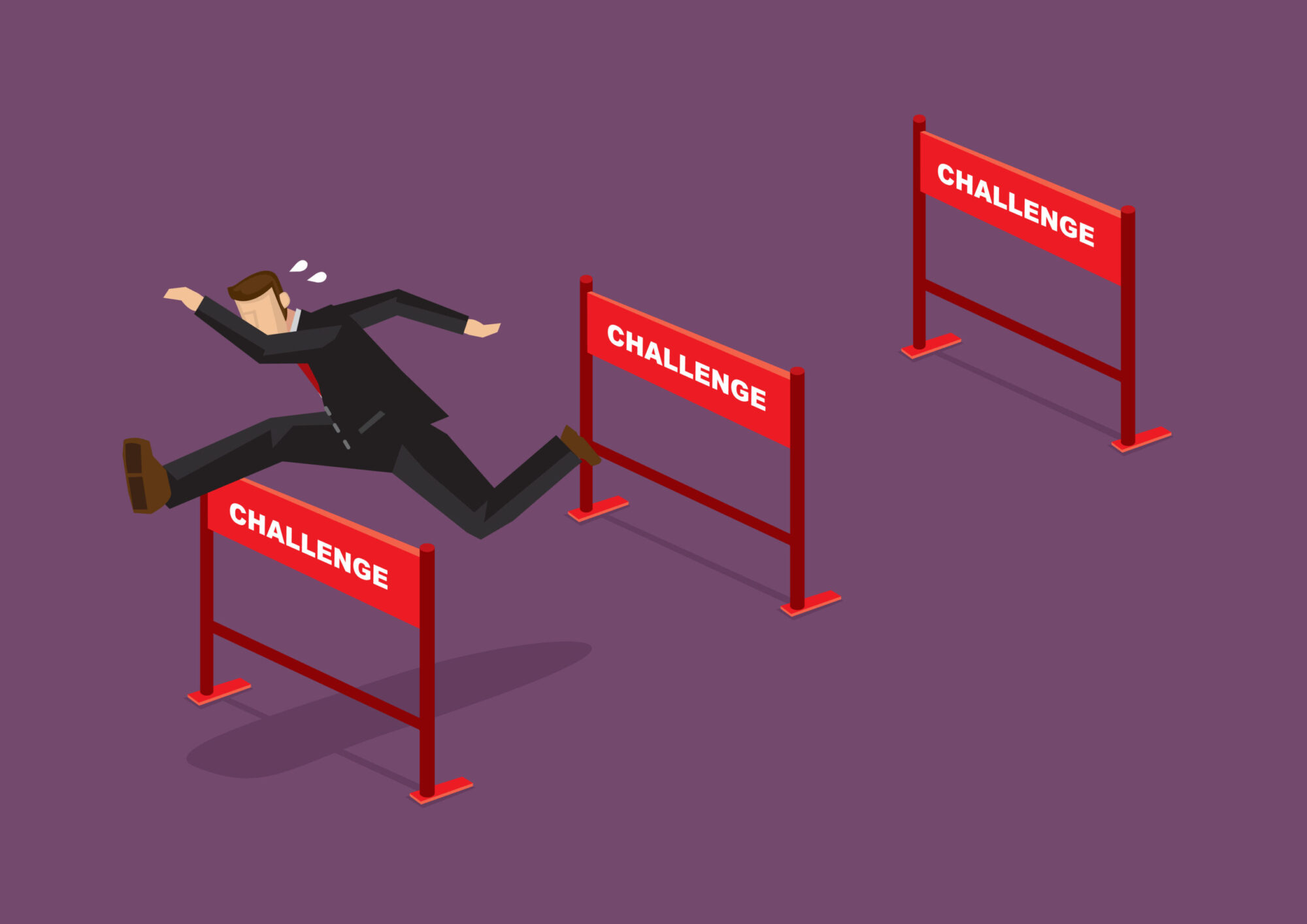 Image of a businessman jumping over series of hurdles with text Challenge on them.