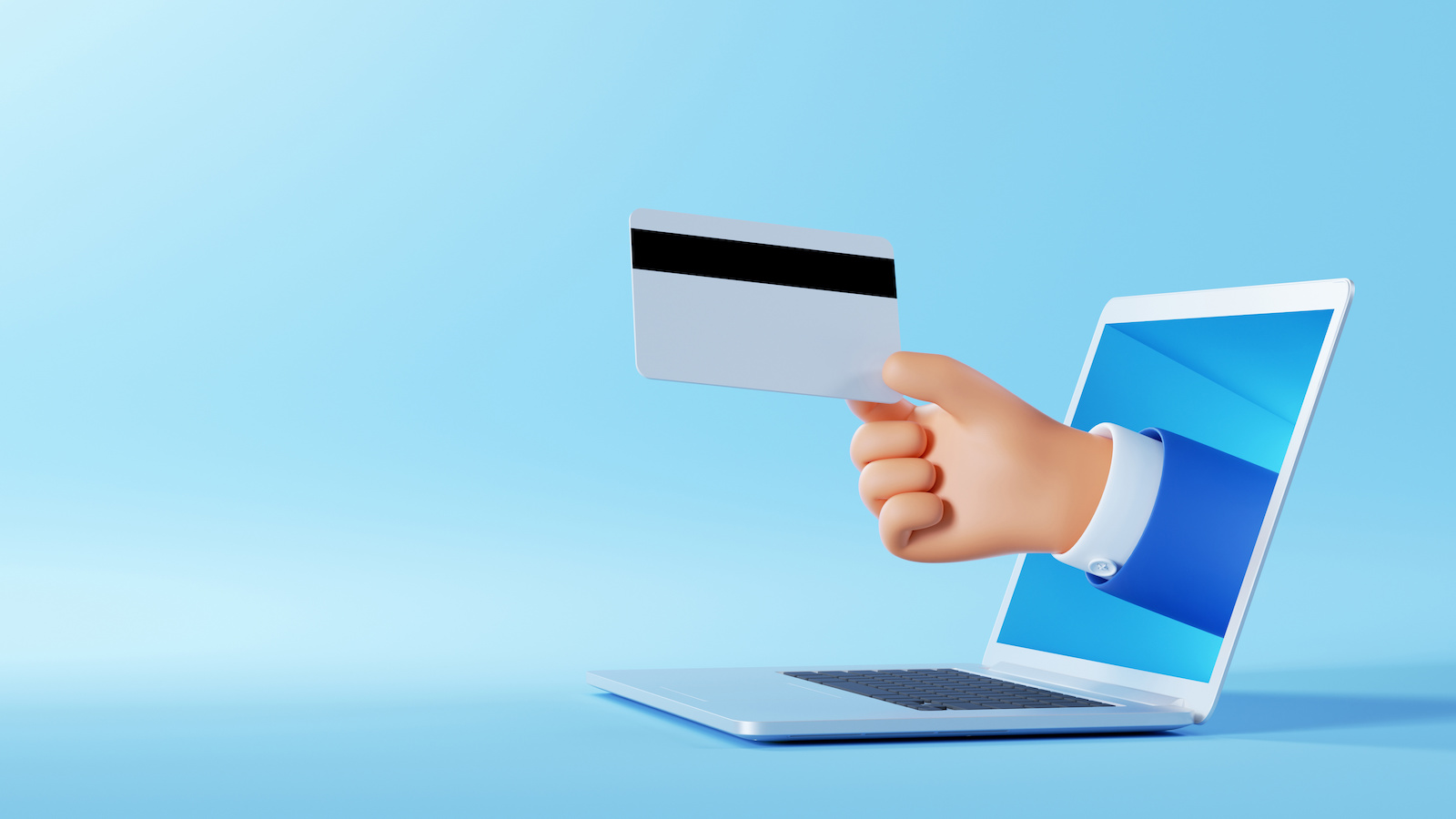 Image of a hand sticking out a laptop screen with a credit card.